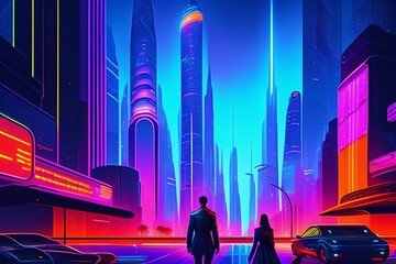A futuristic metropolis at night, with towering skyscrapers, neon lights, and bustling streets, featuring a stylish couple walking hand in hand