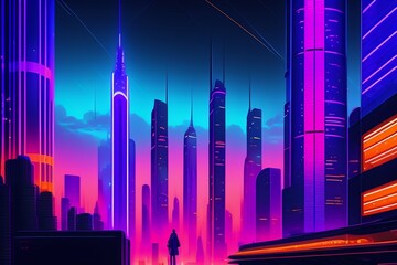 A futuristic metropolis at night, with towering skyscrapers, neon lights, and bustling streets, featuring a stylish couple walking hand in hand
