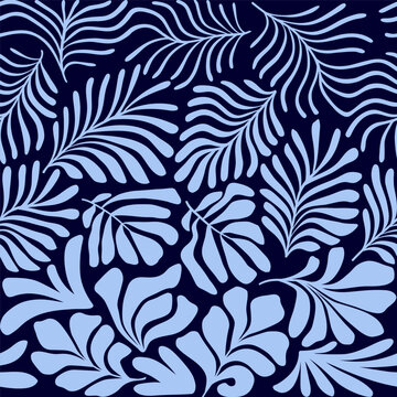 Blue abstract background with tropical palm leaves in Matisse style. Vector seamless pattern with Scandinavian cut out elements.