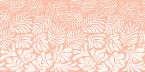 Peach white abstract background with tropical palm leaves in Matisse style. Vector seamless pattern with Scandinavian cut out elements.