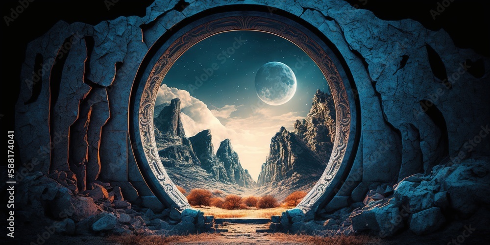 Poster magical symbols adorn a stone archway that serves as a portal in the mountain. the use of raster gra