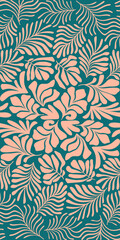 Fototapeta premium Peach green abstract background with tropical palm leaves in Matisse style. Vector seamless pattern with Scandinavian cut out elements.