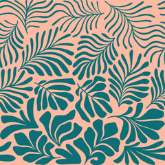 Peach green abstract background with tropical palm leaves in Matisse style. Vector seamless pattern with Scandinavian cut out elements.