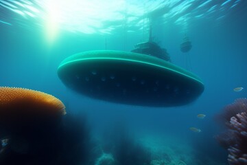 Naklejka na ściany i meble An eerie underwater scene with a school of glowing jellyfish surrounding a sunken ship, emphasizing the jellyfish's 