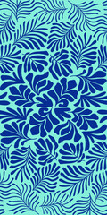Fototapeta na wymiar Turquoise blue abstract background with tropical palm leaves in Matisse style. Vector seamless pattern with Scandinavian cut out elements.