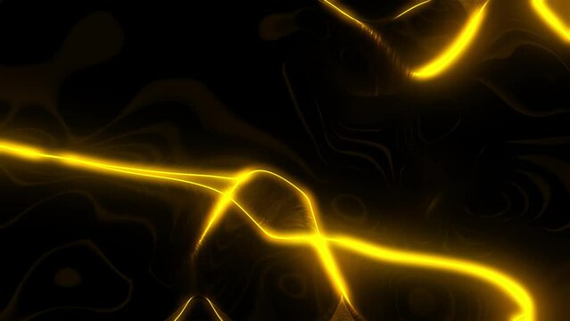 Golden glowing animated changing form lines on black background. Seamless loop animation