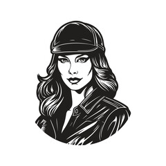female biker, logo concept black and white color, hand drawn illustration