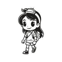 girl with a backpack, logo concept black and white color, hand drawn illustration