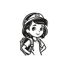 girl with a backpack, logo concept black and white color, hand drawn illustration