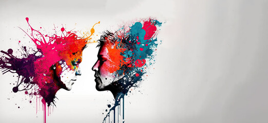 a man and woman face to face with colorful paint splatters on them on white background (generative ai)