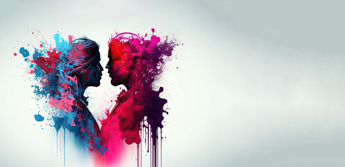 Fototapeta na wymiar Illustration of a man and woman facing each other colorful paint splatters on them on white background (generative ai)