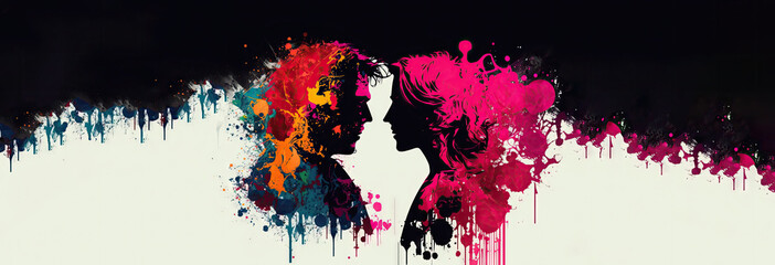 Illustration of a couple kissing in front of a colorful background (generative ai)