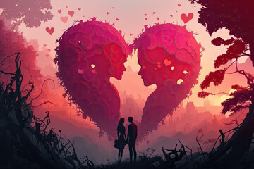 two people standing in front of a heart shape love theme background (generative ai)