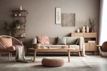 cozy living room with a modern design and comfortable furniture. Generative AI