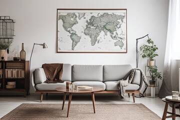 modern living room with a prominent map wall decor. Generative AI