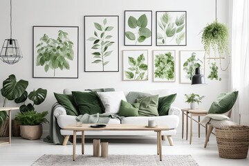 vibrant and lush green living room with plenty of plants. Generative AI