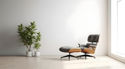 Modern minimalist interior with an armchair on empty white color wall background, mid-century.