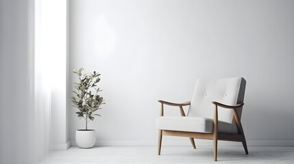 Modern minimalist interior with an armchair on empty white color wall background, mid-century.