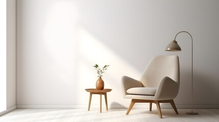Modern minimalist interior with an armchair on empty white color wall background, mid-century.