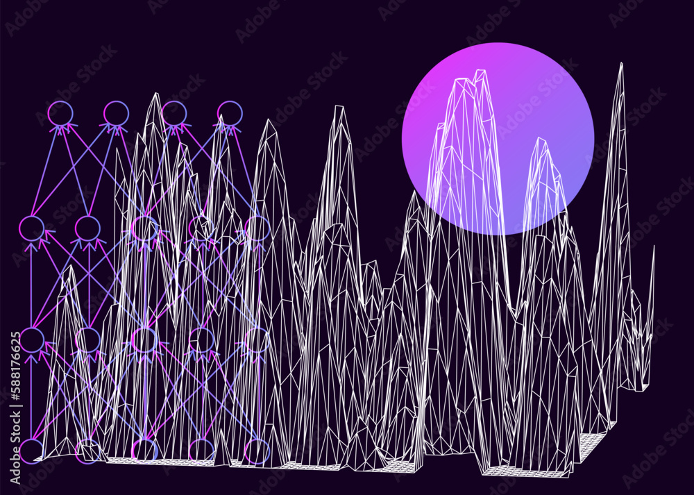 Fototapete sci-fi vaporwave 3d landscape made of a polygonal distorted grid. synthwave hi-tech style background