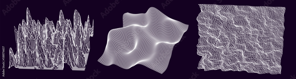 Aufkleber Set of 3D glitched planes made of mesh. Generative art plots for data visualization and analysis subjects. 