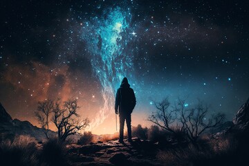 Fototapeta premium man watching the stars at night, vast sky, generative ai 