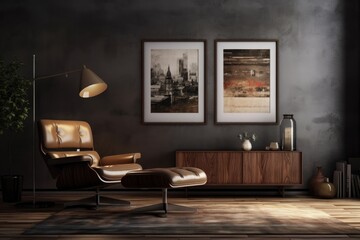 cozy living room with a brown armchair and two framed artworks on the wall. Generative AI