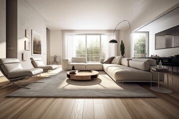 Naklejka na ściany i meble contemporary living room with white furniture and wooden flooring. Generative AI