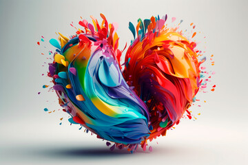 3d colorful heart, drops of color, abstract, white background