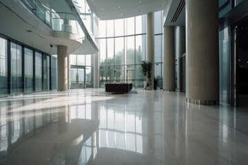Illustration of an empty lobby with large windows letting in natural light. Generative AI