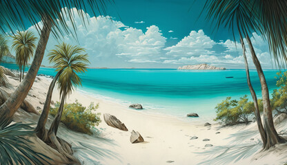 Nature idyllic palm tree coastline turquoise waters shimmering generated by AI