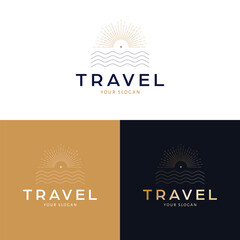 Travel logo design. Sunset and sea abstract vector logotype. Tropical vacation bohemian logo template.