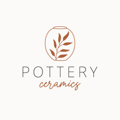 Pottery ceramics logo design. Vase and branch vector logotype. Bohemian pottery logo template. - obrazy, fototapety, plakaty