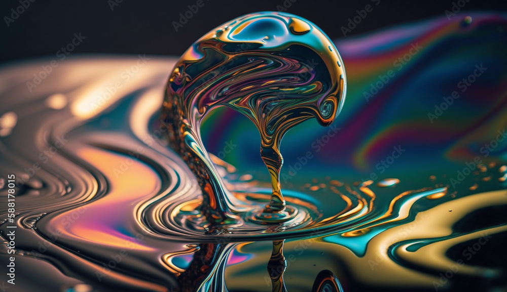 Poster abstract liquid wave reflection in multi colored water generated by ai