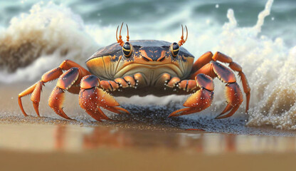 Sally Lightfoot crab on sandy beach by water generated by AI - obrazy, fototapety, plakaty