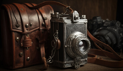 Antique camera with leather strap on a table generated by AI