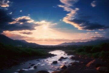 Fototapeta na wymiar 夕日もしくは朝日の中の川辺の風景