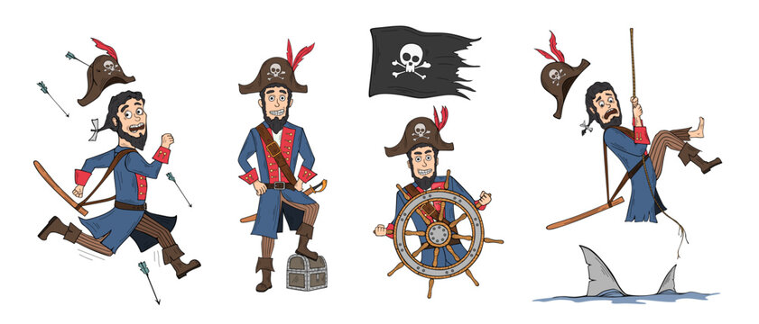 Collection of cartoon pirate, vector illustration isolated on white background
