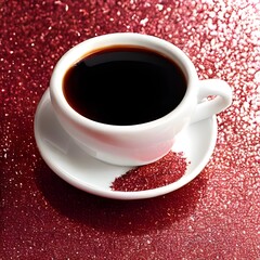 Obraz premium close up of a white cup of coffee on a red glitter table, espresso, photo of a espresso with red glitter, love coffee, generative ai