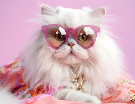 Fairy Kei style ragdoll cat in fashionable design, wearing eyeglasses
