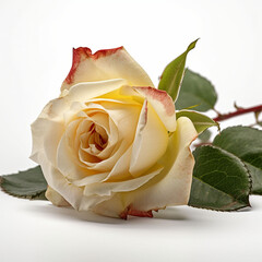 Rosa bianca con sfumature rosse su sfondo bianco. Con gocce di pioggia. Foto ad alta risoluzione. 