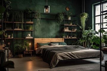 cozy bedroom with vibrant green walls and lush plants on the shelves. Generative AI
