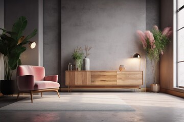 cozy living room with a vibrant pink accent chair and a lush green plant. Generative AI
