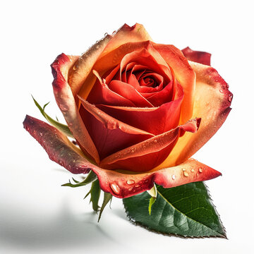 Rosa rossa e gialla su sfondo bianco, con gocce di acqua. Foto ad alta risoluzione. San Valentino. 
