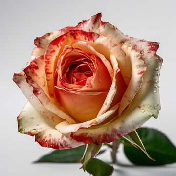Rosa singola su sfondo bianco, colorata, rossa e bianca. gocce di pioggia. Foto ad alta risoluzione.