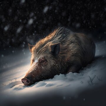 dead wild boar body laying in snow dramatic lighting fantasy 169 