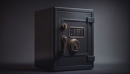 Metal safe box in the closet. Small narrow safe for keeping money or valuables in the hotel. Empty Open safe door