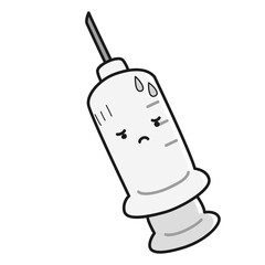 困った表情の注射のキャラクター(白黒)