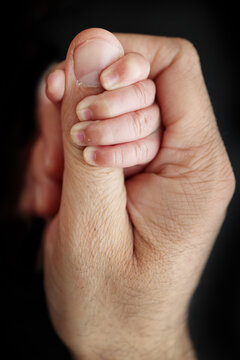 The newborn baby has a firm grip on the parent's finger after birth. Close-up little hand of child and palm of mother and father. Parenting, childcare and healthcare concept. Professional macro photo