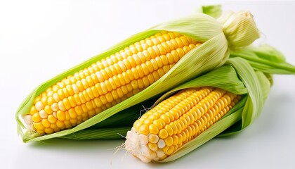 Fresh corn fruits with green leaves isolated on white background. Generative ai